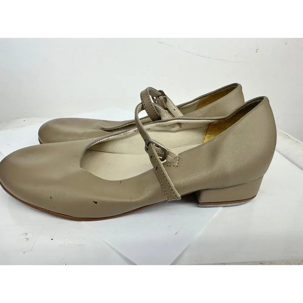 Pre-Owned Dance Tap Shoes Dance Class Kids 1.5M Tan Mary Jane Buckle Strap